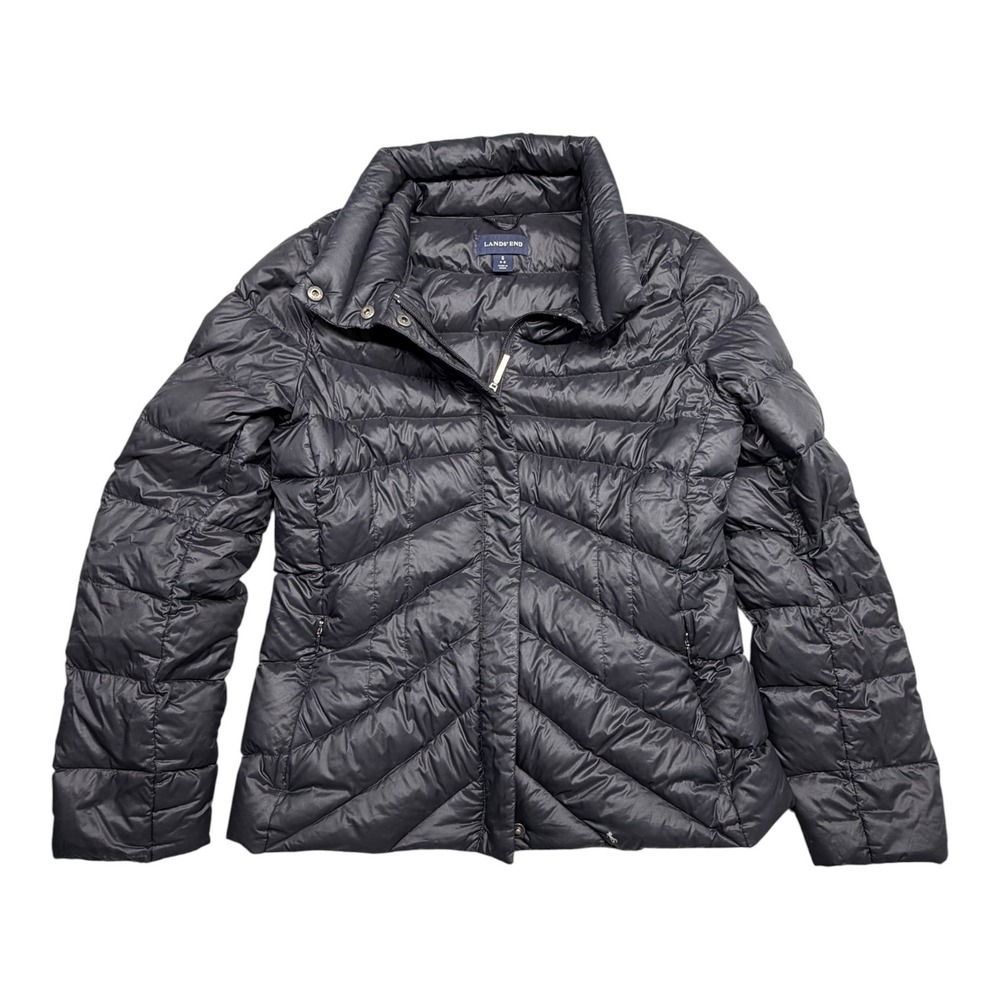 Lands End Womens Black Down Puffer Jacket Chevron Quilted Stand Collar Small 6-8